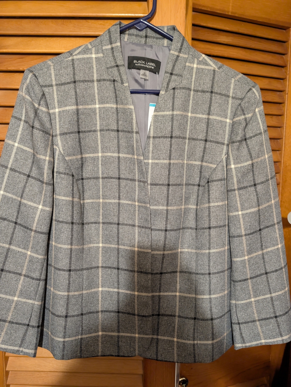 Black Label by Evan-Picone Gray Windowpane Collarless Blazer